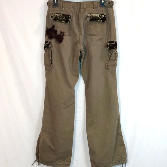 Y2K Vintage Express Cargo Pants Green Beaded Pockets Flower Patches Women's 10 - Picture 5 of 7